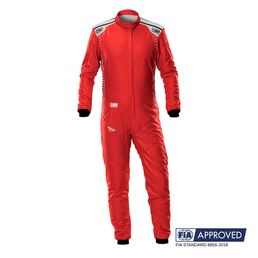 OMP One S Air Red race suit FIA 8856-2018 front view